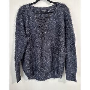 Express Blue Marl Eyelash Lace Up‎ Neck Large Long Sleeve Sweater Super Soft